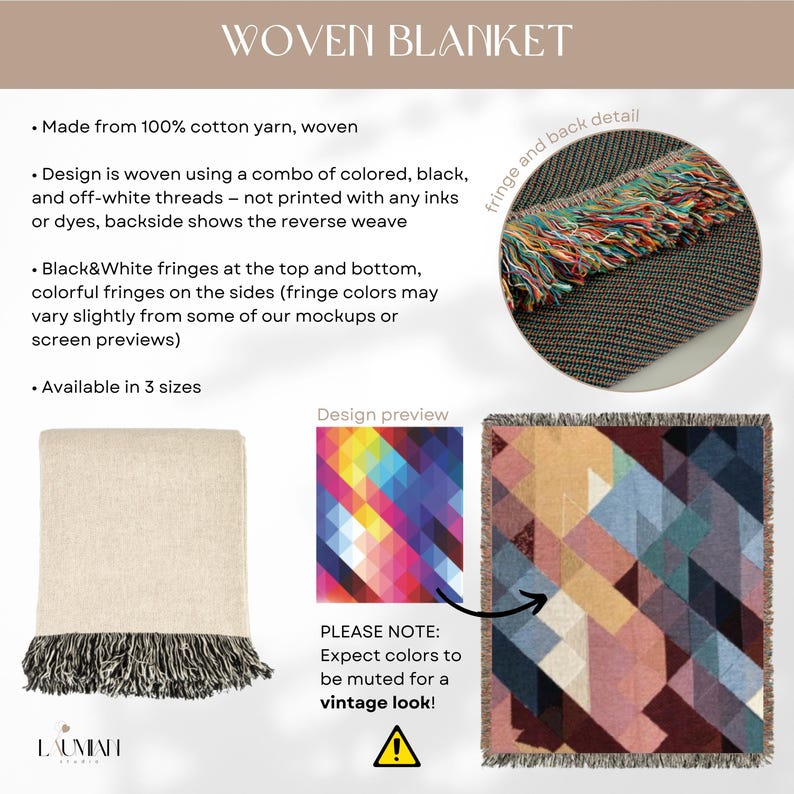 May include: Woven blanket made from 100% cotton yarn. Features black and white fringes at the top and bottom, with colorful fringes on the sides. The design is woven with colored, black, and off-white threads. Available in 3 sizes.