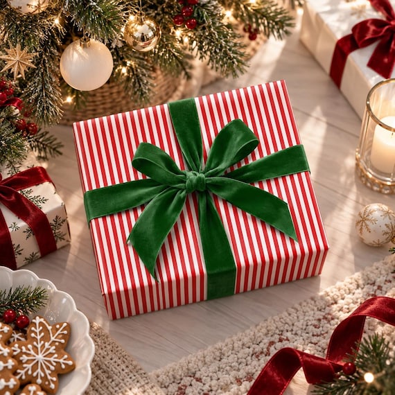 Red Candy Stripe Wrapping Paper Christmas Gift Wrap Red White Holiday Paper Roll Classic Candy Cane Stripe Gift Wrap