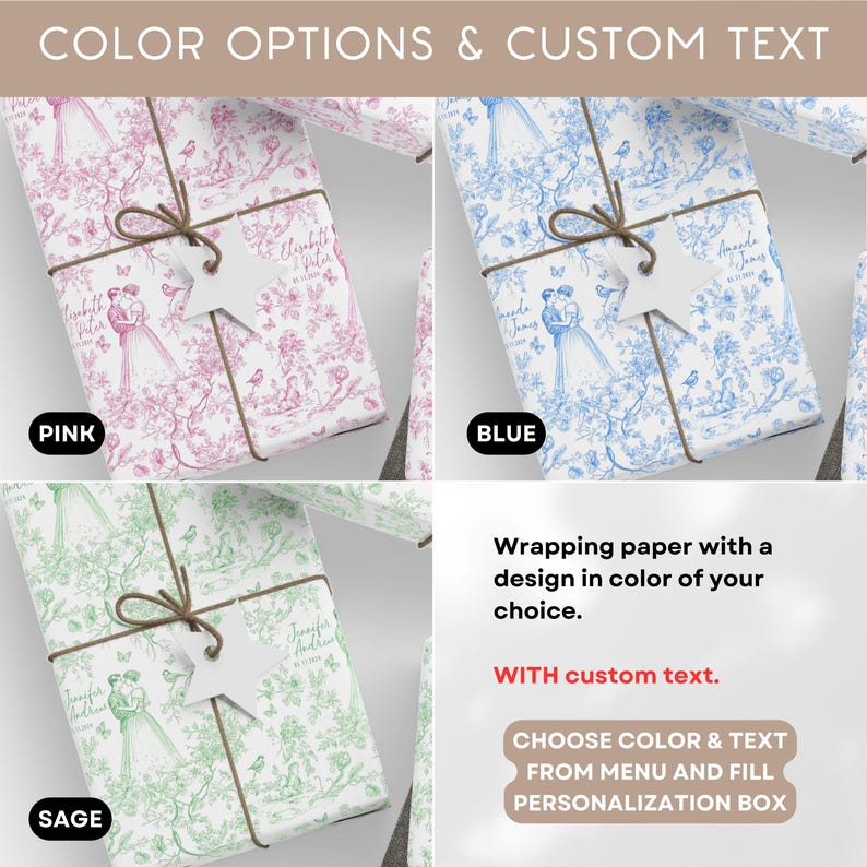 Pode incluir: Papel de embrulho rosa, azul e verde s&aacute;lvia com op&ccedil;&otilde;es de texto personalizadas. Cada presente embrulhado apresenta uma etiqueta em forma de estrela e um design correspondente. O papel de embrulho tem um padr&atilde;o floral com um casal se abra&ccedil;ando.