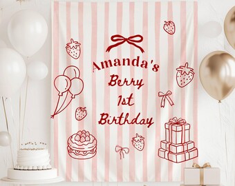 Beere Erster Geburtstag Banner Benutzerdefinierte Erdbeere Hintergrund 1. Geburtstag Erdbeere Willkommensschild Beere Erster Geburtstag Dekoration Erdbeere Bday