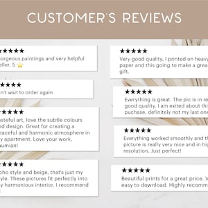 May include: Customer reviews for digital art prints. Five-star reviews highlight the quality, ease of use, and overall satisfaction with the artwork.  Reviews mention the artwork's use for creating a peaceful atmosphere, its suitability for a boho style, and its high resolution.