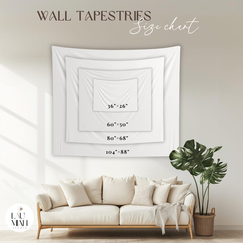 May include: A size chart for wall tapestries, showing four different sizes: 36"x26", 60"x50", 80"x68", and 104"x88".