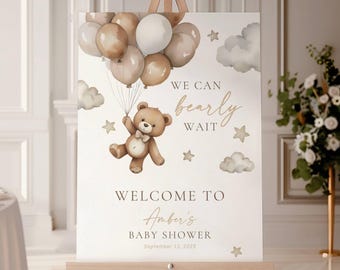 Balloon Neutral Baby Shower Welcome Sign We Can Bearly Wait Brown Teddy Bear Sign Neutral Brown Bear Welcome Sign Gender Neutral Teddy Beige