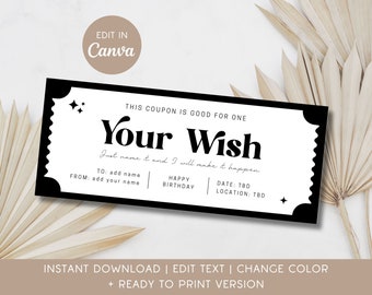 Your Wish Gift Voucher Anniversary Gift Romantic Coupon Editable Template DIY Gift Idea Couple Voucher Birthday Gift Coupon for Girlfriend