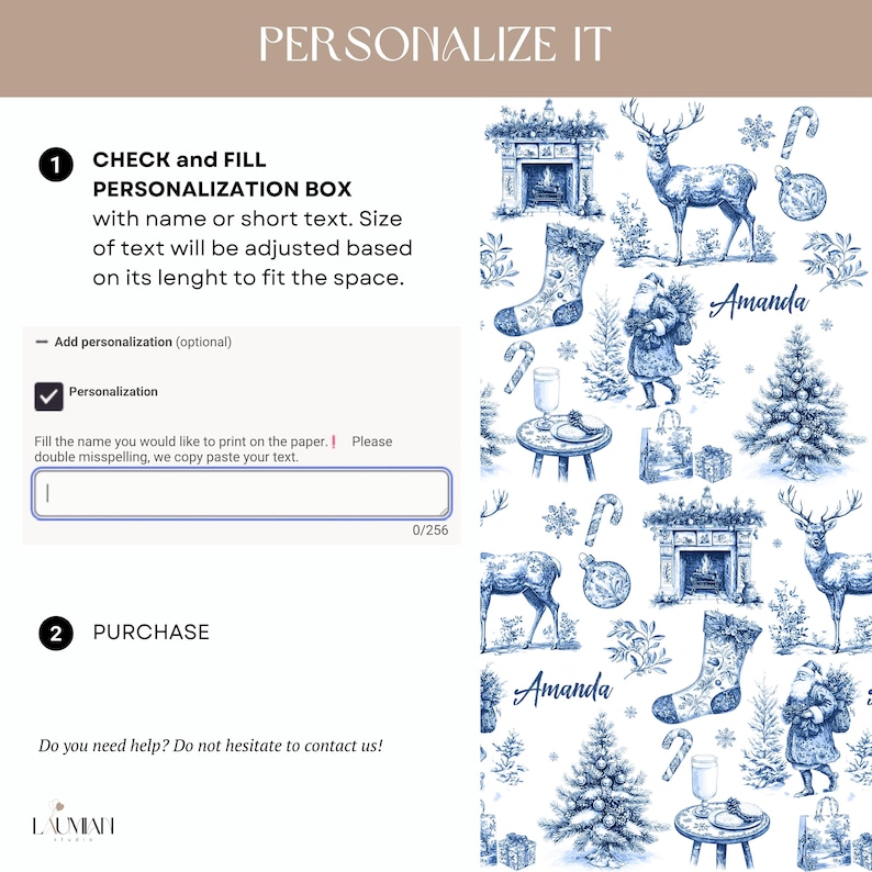 Puede incluir: Una gu&iacute;a de instrucciones digital para personalizar papel de regalo, con un patr&oacute;n navide&ntilde;o azul y blanco estilo toile que muestra renos, Santa Claus, calcetines y &aacute;rboles. El texto incluye 'PERSONALIZE IT', 'CHECK and FILL' y 'PURCHASE'.