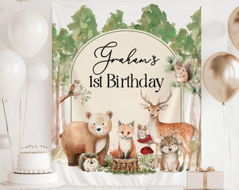 Woodland First Birthday Banner Personalized Forest Baby Sprinkle Wall Tapestry Woodland Animals Shower Decor