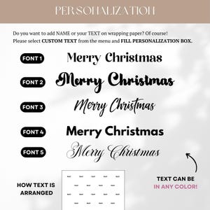 May include: A personalisation guide for wrapping paper featuring five distinct black font styles displaying the text Merry Christmas. The image includes instructions to select custom text and shows a grid layout example of how text is arranged.