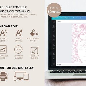 May include: A laptop displaying a baby shower invitation template. The screen shows a pink floral design with text. The laptop is open on a white surface. Text on the left side reads: "FULLY SELF EDITABLE FREE CANVA TEMPLATE". Icons indicate editing options.