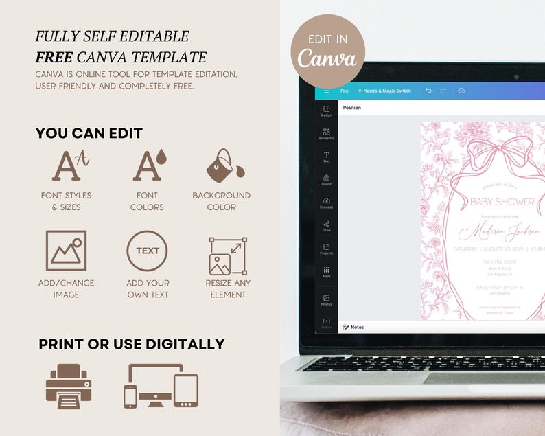 May include: A laptop displaying a baby shower invitation template. The screen shows a pink floral design with text. The laptop is open on a white surface. Text on the left side reads: "FULLY SELF EDITABLE FREE CANVA TEMPLATE". Icons indicate editing options.