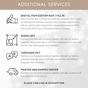May include: A graphic with the text "ADDITIONAL SERVICES" at the top. Below are icons and text describing services: Digital Item Custom Edit, Resize Edit, Language Edit, and Printed and Shipped Poster. The text encourages the viewer to find a link in the description.