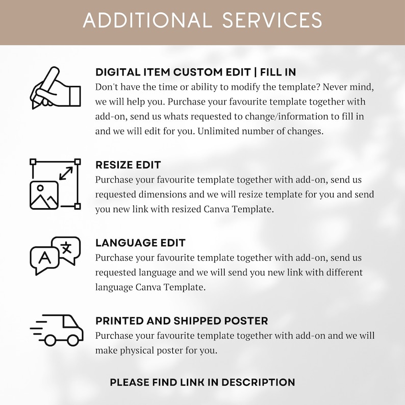 May include: A graphic with the text "ADDITIONAL SERVICES" at the top. Below are icons and text describing services: Digital Item Custom Edit, Resize Edit, Language Edit, and Printed and Shipped Poster. The text encourages the viewer to find a link in the description.