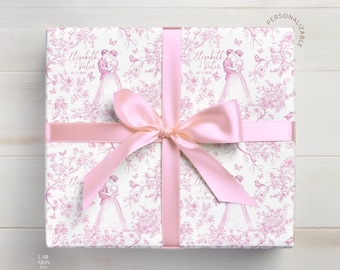 Custom Name Bride and Groom Gift Wrap Wedding Toile Pink Wrapping Paper Personalized Mr and Mrs Present Wrapping Paper Roll Long Chinoiserie