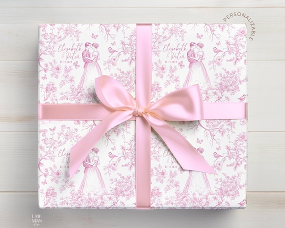 Custom Name Bride and Groom Gift Wrap Wedding Toile Pink Wrapping Paper Personalized Mr and Mrs Present Wrapping Paper Roll Long Chinoiserie