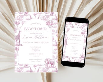 Baby Girl Shower Invitation Template Luxury Dior Style Blush Pink Digital Invitation Pink Toile Safari Invite DIY Canva Template Baby Shower