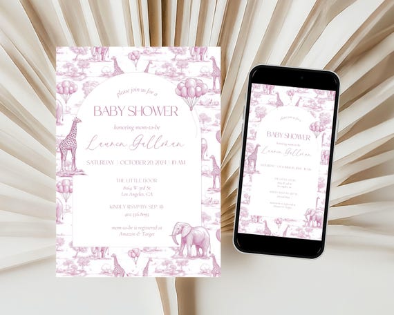 Baby Girl Shower Invitation Template Luxury Dior Style Blush Pink Digital Invitation Pink Toile Safari Invite DIY Canva Template Baby Shower