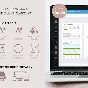 May include: A laptop computer screen displaying a Canva design template for a business card. The template features a green and blue landscape with a white cloud, a QR code, and the text "your business". The template is customizable with text, colors, and images.