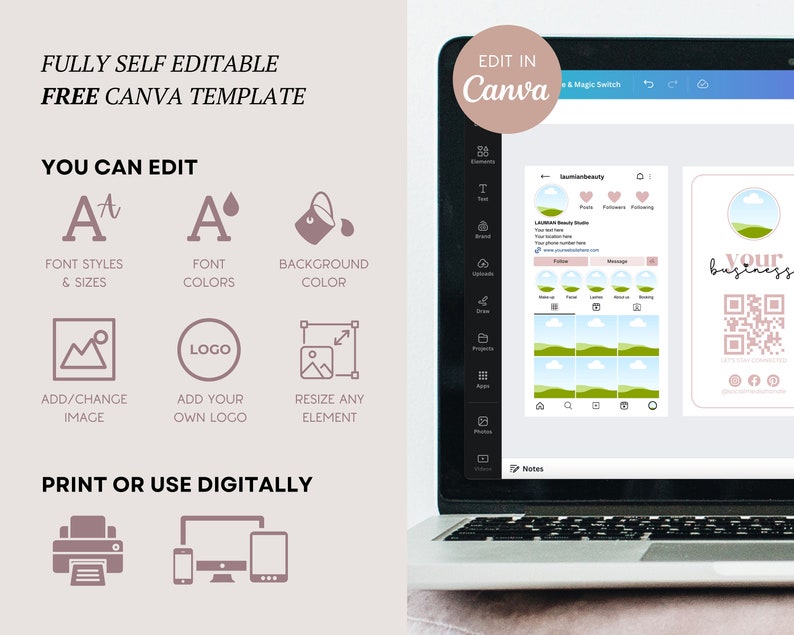 May include: A laptop computer screen displaying a Canva design template for a business card. The template features a green and blue landscape with a white cloud, a QR code, and the text "your business". The template is customizable with text, colors, and images.