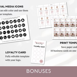 May include: A printable template for business cards with a pink and white color scheme. The template includes a loyalty card, social media icons, and a print template for 10 business cards on one sheet of paper. The text "laumian beauty" is included on the loyalty card.