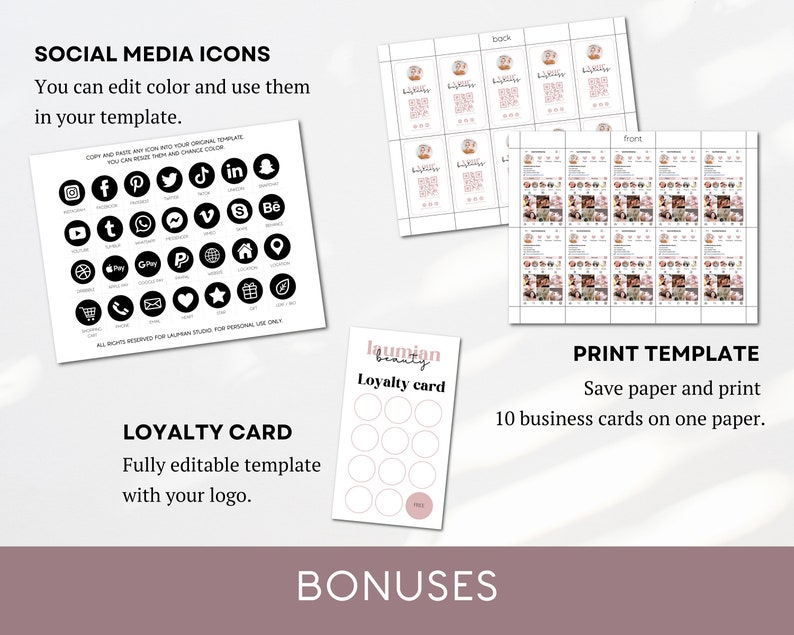 May include: A printable template for business cards with a pink and white color scheme. The template includes a loyalty card, social media icons, and a print template for 10 business cards on one sheet of paper. The text "laumian beauty" is included on the loyalty card.