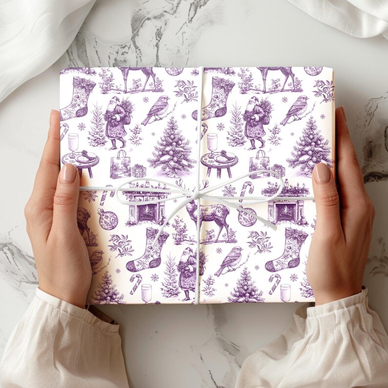 Christmas Toile Present Wrap Purple