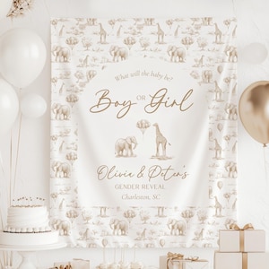 Neutral Gender Reveal Backdrop Beige Gender Reveal Party Decor Toile Beige Giant Backdrop Toile Animal Boy or Girl Backdrop He or She Reveal