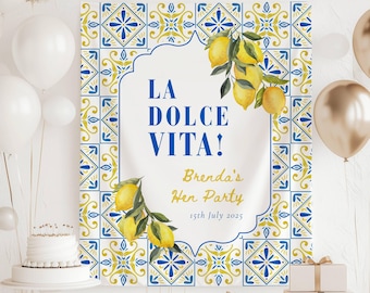 La Dolce Vita Backdrop Italy Bridal Shower Custom Mediterranean Bach Decor Limoncello Bachelorette Banner Lemon Italian Bachelorette Blue