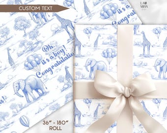 Baby Shower Gift Wrapping Paper Toile de Jouy Safari Gift Wrap Blue Toile Wrapping Paper Animal Safari Gift Wrap Baby Boy Gift Packaging