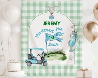 Mastered First Year Banner Golf First Birthday Party Backdrop Personalized