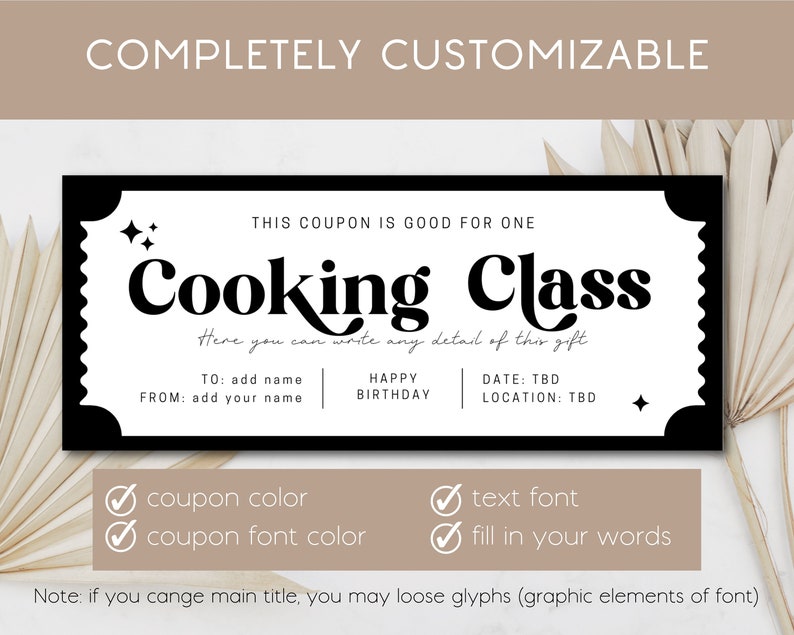 Cooking Class Gift Certificate Custom Coupon for Her Anniversary Gift ...