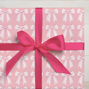 Girly Pink Bow Wrapping Paper Girl Birthday Pink Gift Wrap Coquette Bow ...