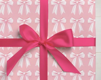 Pink Bow Girly Wrapping Paper Pink Christmas Gift Wrap: Glossy or Matte finish, 3 Roll Sizes