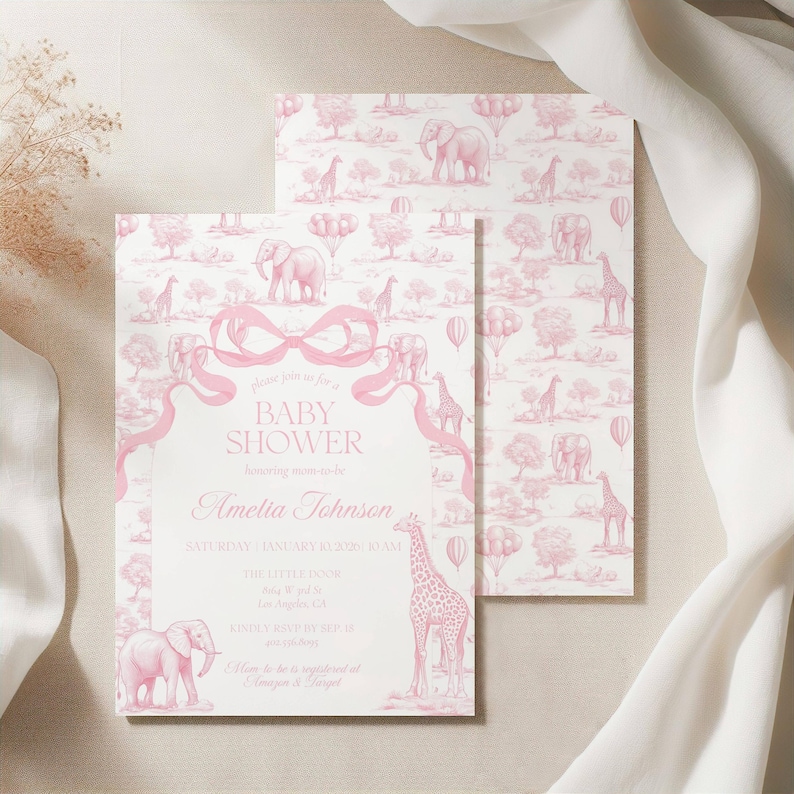 Baby Girl Shower Invitation Template Luxury Dior Style Blush Pink Digital Invitation Pink Toile Safari Invite DIY Canva Template Baby Shower image 3