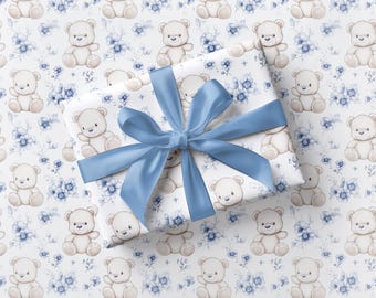 Teddy Bear Wrapping Paper Beary First Birthday Gift Wrap Plush Teddy Personalized Gift Paper It is a Boy Baby Shower Gift Wrapping Roll Blue