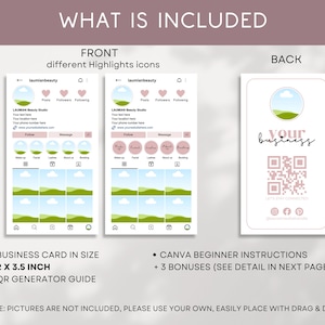 May include: A digital template for a business card with a pink and green color scheme. The front of the card features a customizable Instagram highlight icon with a landscape design. The back of the card features a QR code, social media icons, and the text "Your business". The card is 2 x 3.5 inches.