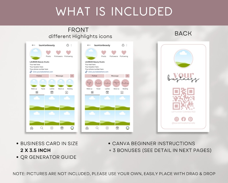 May include: A digital template for a business card with a pink and green color scheme. The front of the card features a customizable Instagram highlight icon with a landscape design. The back of the card features a QR code, social media icons, and the text "Your business". The card is 2 x 3.5 inches.