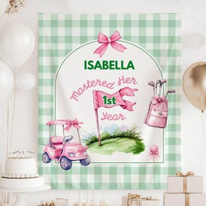 Banner de golf personalizado para primer cumpleaños, banner de fotos de golf para niña, fondo rosa personalizado para cumpleaños de Masters, letrero de bienvenida de golf para primer cumpleaños de niña