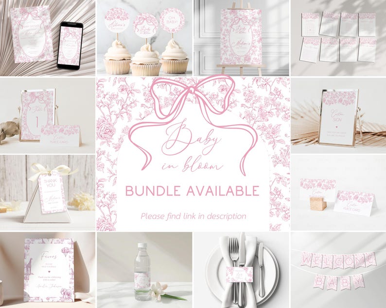 May include: A collection of baby shower decorations in pink and white, including invitations, cupcake toppers, table cards, and a banner that reads "WELCOME BABY." The design features floral patterns and the text "Baby in bloom."