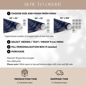 May include: An instructional graphic titled HOW TO ORDER for wrapping paper. It displays three rolls in sizes 30" x 36", 30" x 72", and 30" x 180" with a blue argyle pattern. Text details include material, one-sided print, and order steps.