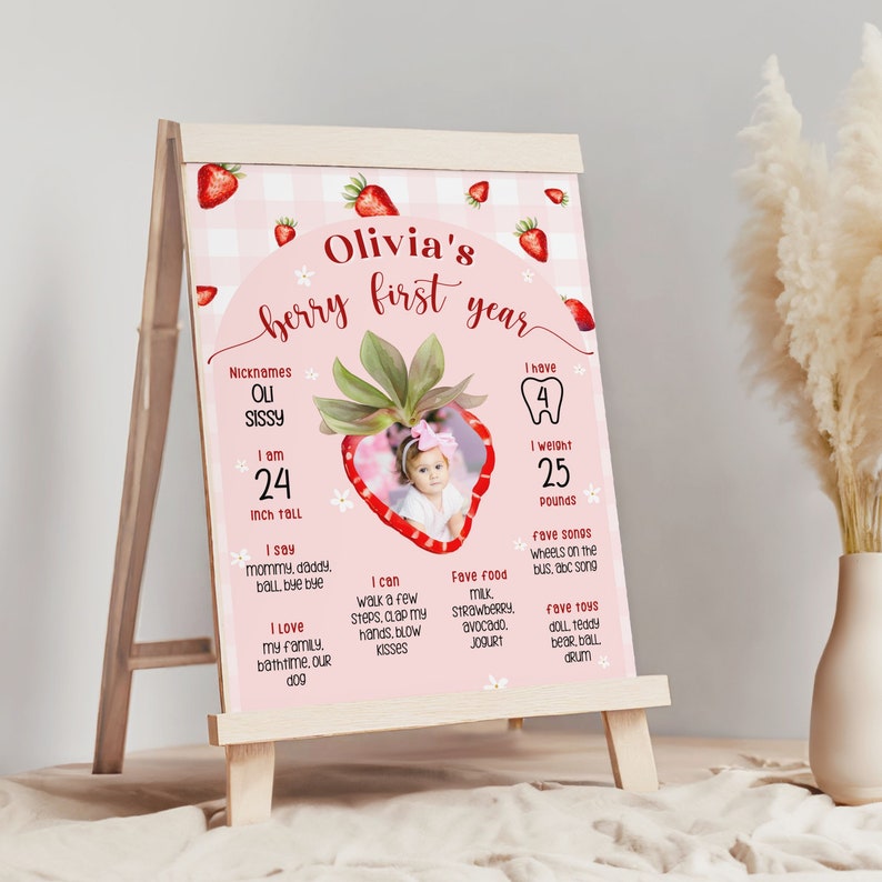 Milestone Board Template Strawberry 1st Birthday Party Sign