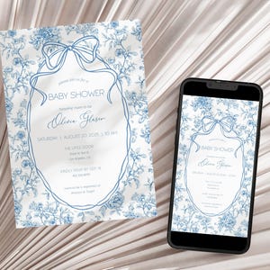Blue Floral Invitation Template Dusty Blue Baby Boy Shower Evite Luxury Dior Style Digital Invite Blue Toile Bow Invitation Canva Template