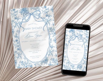 Blue Floral Invitation Template Dusty Blue Baby Boy Shower Evite Luxury Dior Style Digital Invite Blue Toile Bow Invitation Canva Template