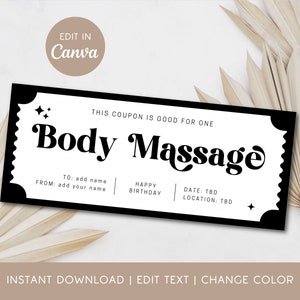 Body Massage Coupon Personalizable Text Gift Voucher Relaxation Massage Gift for Her Birthday Coupon Template Spa Day Custom Massage Ticket