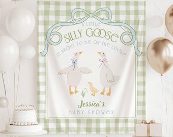 Fondo personalizado para baby shower de Silly Goose con pancarta de ganso y fondo de cuadros vichy, letrero de bienvenida para baby shower de mamá ganso y ansarino.