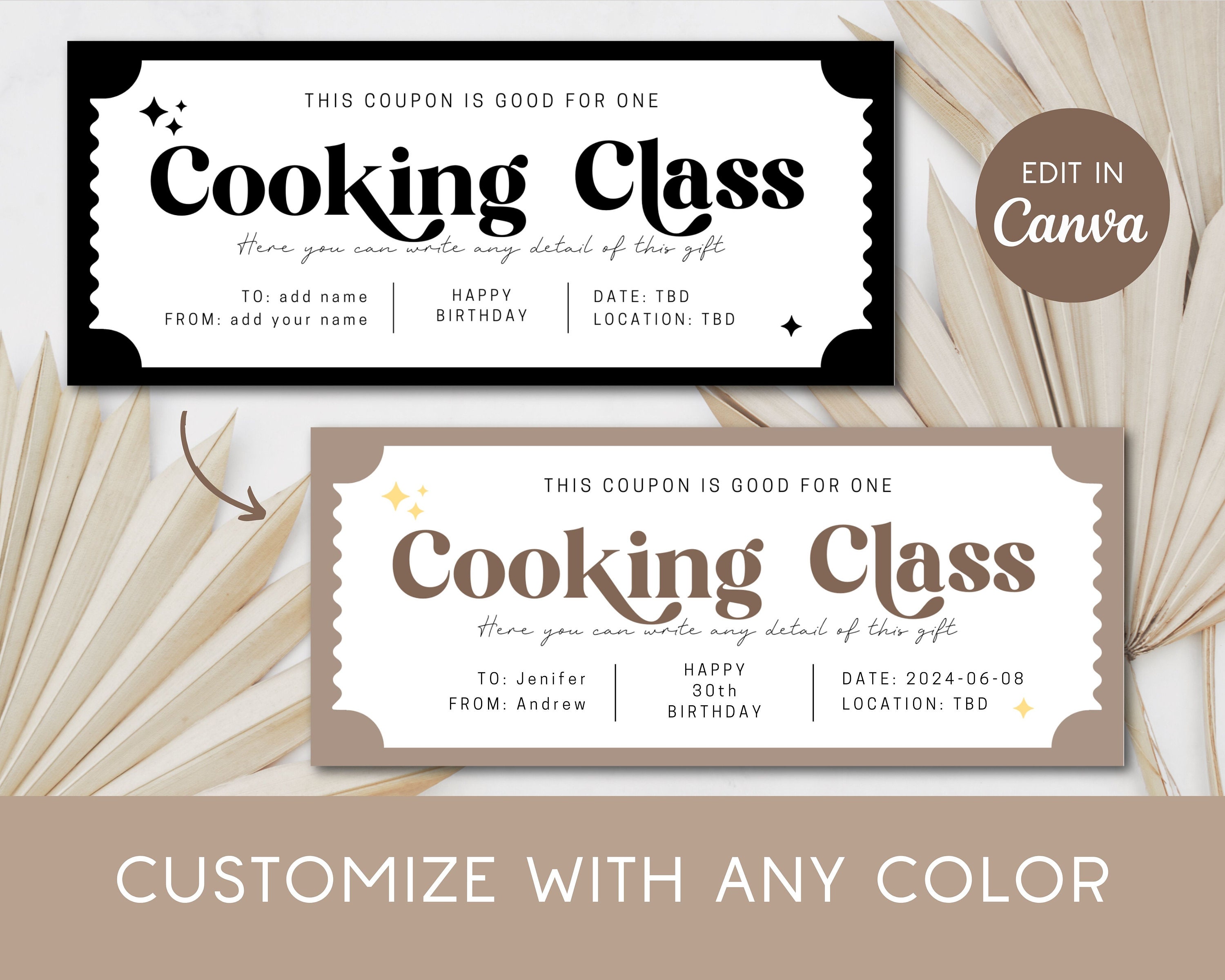 Cooking Class Gift Certificate Custom Coupon for Her Anniversary Gift ...