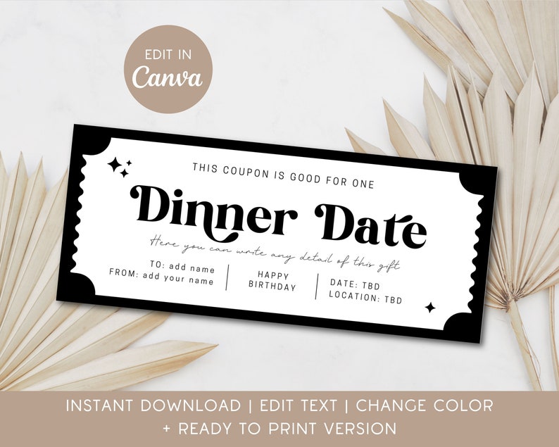 Custom Dinner Date Gift Coupon Editable Voucher for Dinner Date