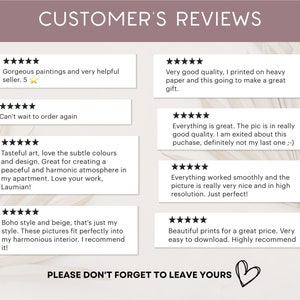 May include: Five customer reviews for digital art prints. The reviews are all positive and highlight the quality of the prints, the ease of downloading, and the seller's helpfulness. The text "PLEASE DON'T FORGET TO LEAVE YOURS" is at the bottom of the image.