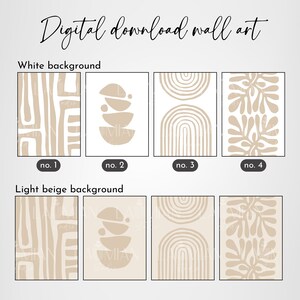 May include: Set of four digital printable wall art prints featuring abstract shapes in beige and white. The prints are available with a white or light beige background. The designs include geometric shapes, arches, and organic shapes.
