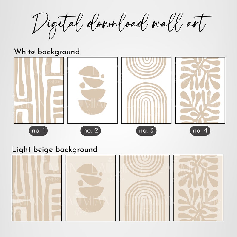 May include: Set of four digital printable wall art prints featuring abstract shapes in beige and white. The prints are available with a white or light beige background. The designs include geometric shapes, arches, and organic shapes.