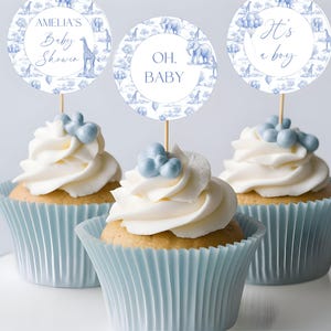Baby Boy Shower Cupcake Topper Oh Baby Cupcake Topper Bearbeitbare Vorlage Toile de Jouy Kuchen Dessert Topper Digitaler Download Dusche Topper