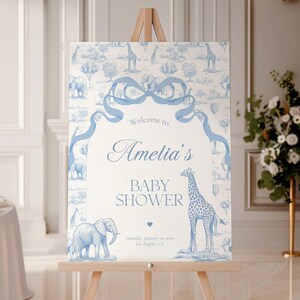 Blue Toile Baby Shower Welcome Sign Chinoiserie Boy Baby Shower Welcome Sign Editable Template Canva Welcome Sign Toile Baby Shower Decor image 4
